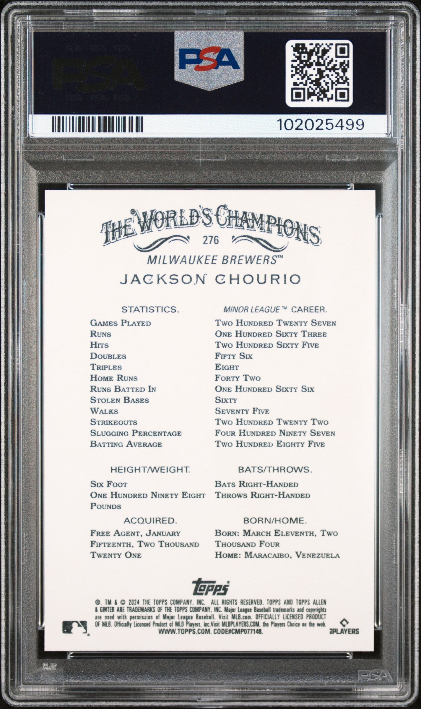 Graded 2024 Topps Allen & Ginter Jackson Chourio #276 Rookie RC Baseball Card PSA 10 Gem Mint