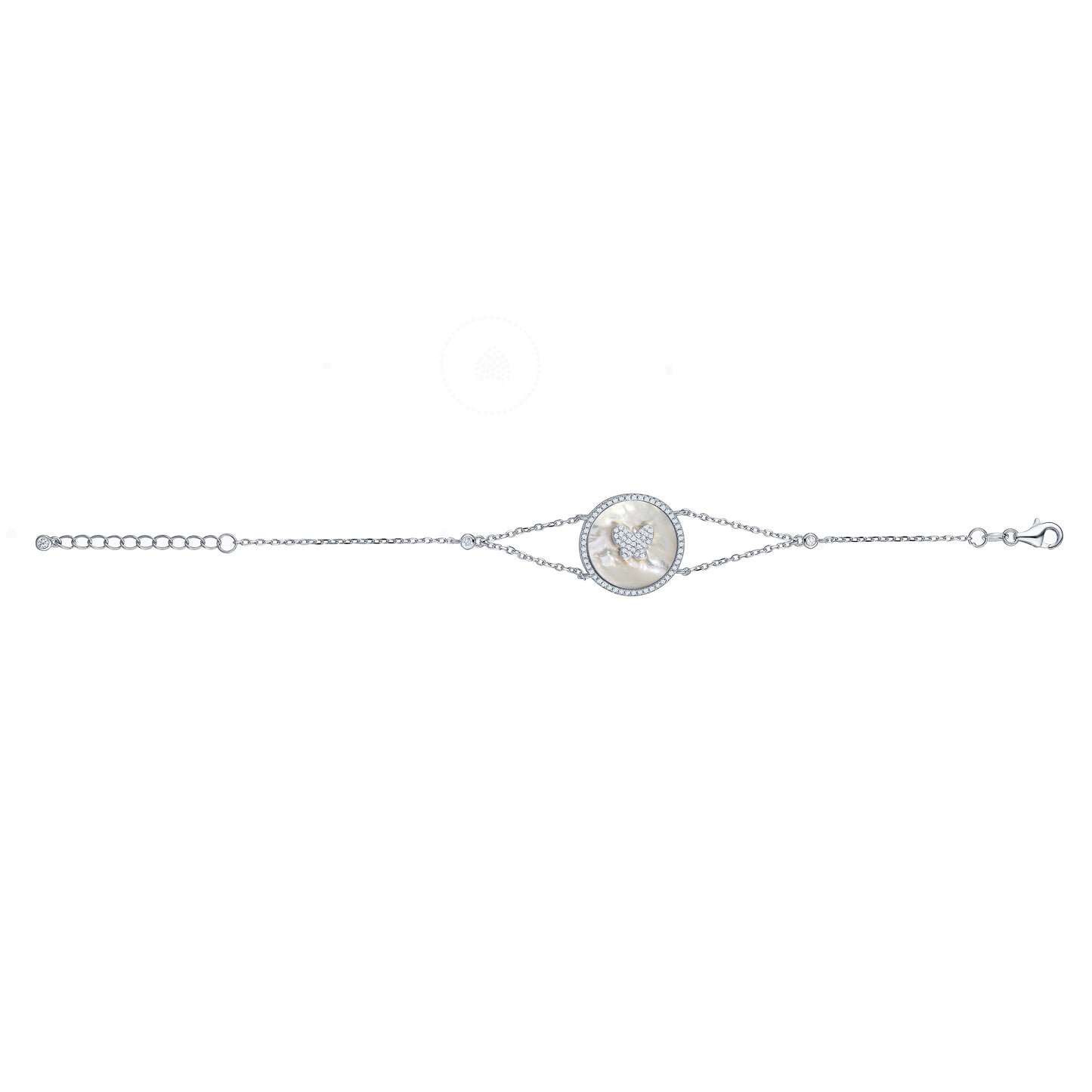 Sterling Silver Bracelet Butterfly in Circle Disc Mother of Pearl Simulated Diamonds Double Chain 7.5"