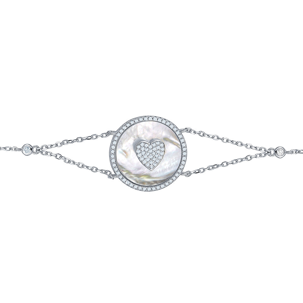 Sterling Silver Bracelet Heart in Circle Disc Mother of Pearl Simulated Diamonds Double Chain 7.5"