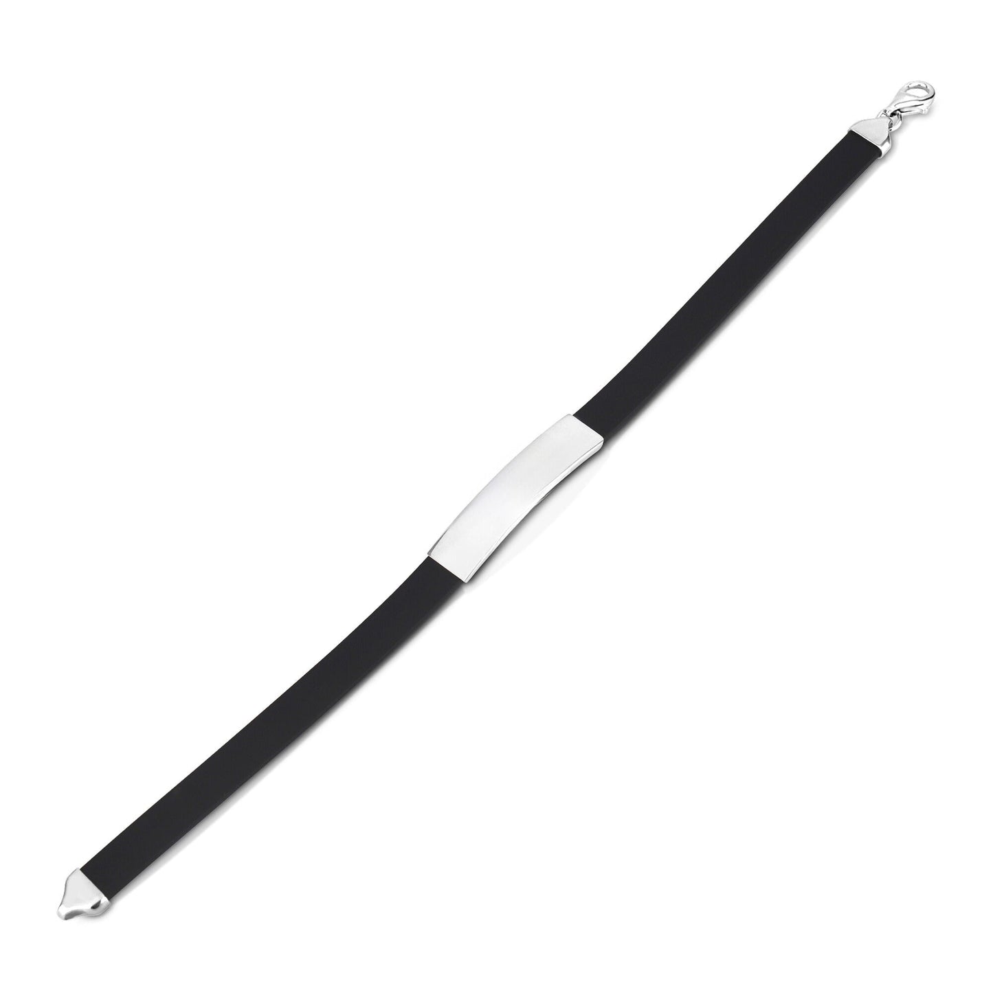 Sterling Silver 925 Engravable Bracelet Mens ID Bar Bracelet with Black Rubber Band 8 inches
