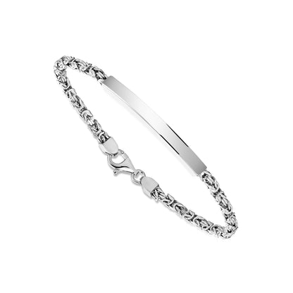 Sterling Silver 925 Men's ID Bracelet - Square Byzantine Chain with Square Engravable Plate