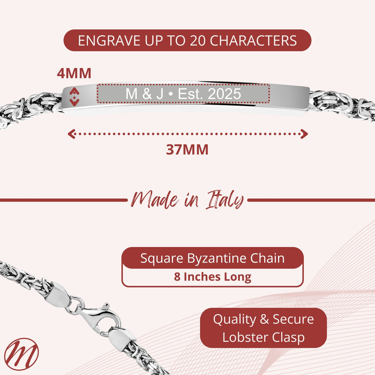 Sterling Silver 925 Men's ID Bracelet - Square Byzantine Chain with Square Engravable Plate