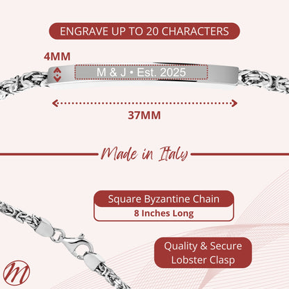 Sterling Silver 925 Men's ID Bracelet - Square Byzantine Chain with Square Engravable Plate