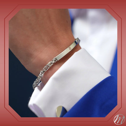 Sterling Silver 925 Men's ID Bracelet - Square Byzantine Chain with Square Engravable Plate