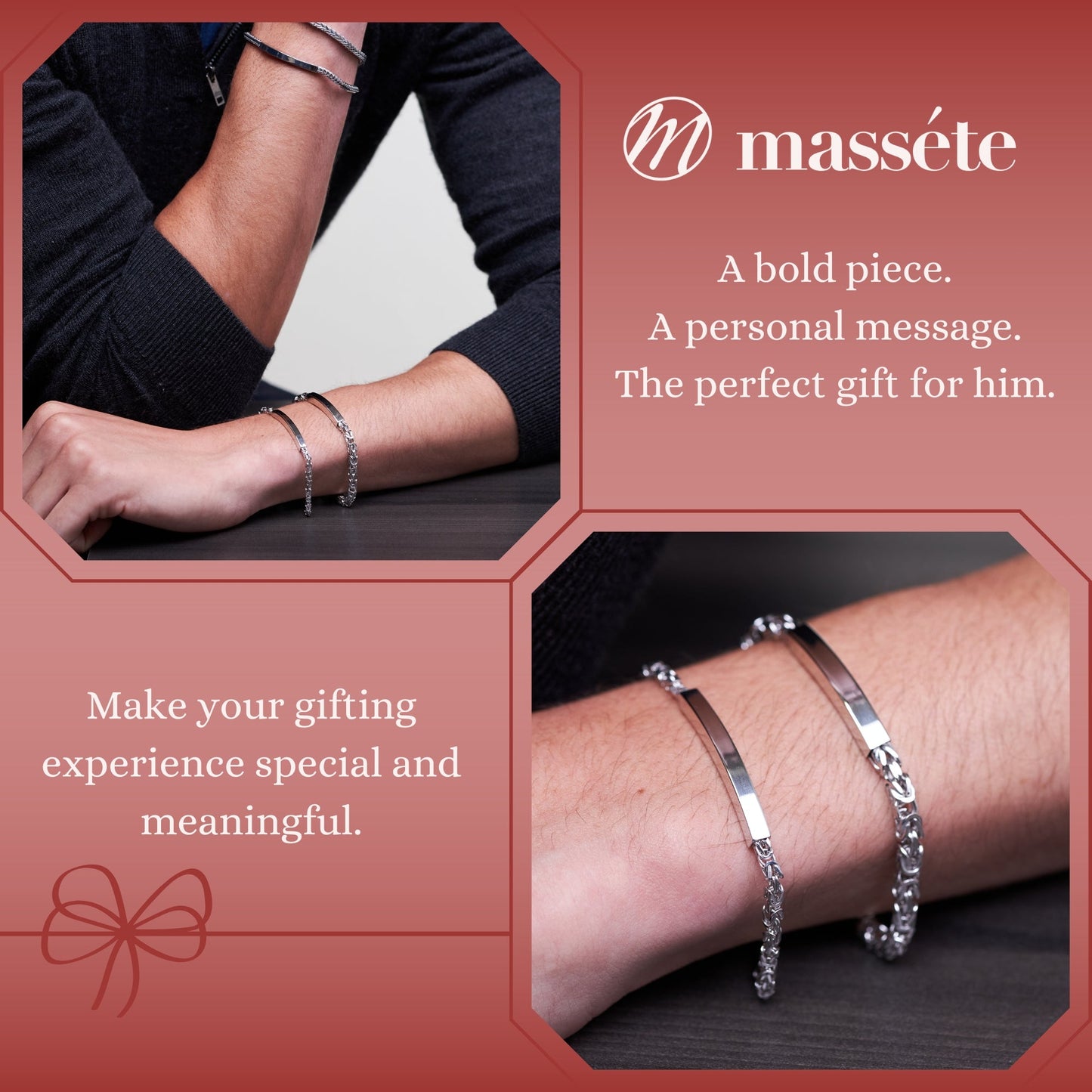 Sterling Silver 925 Men's ID Bracelet - Square Byzantine Chain with Square Engravable Plate