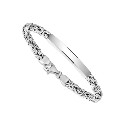 Sterling Silver 925 Men's ID Bracelet - Square Byzantine Chain with Square Engravable Plate