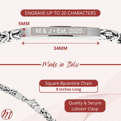 Sterling Silver 925 Men's ID Bracelet - Square Byzantine Chain with Square Engravable Plate