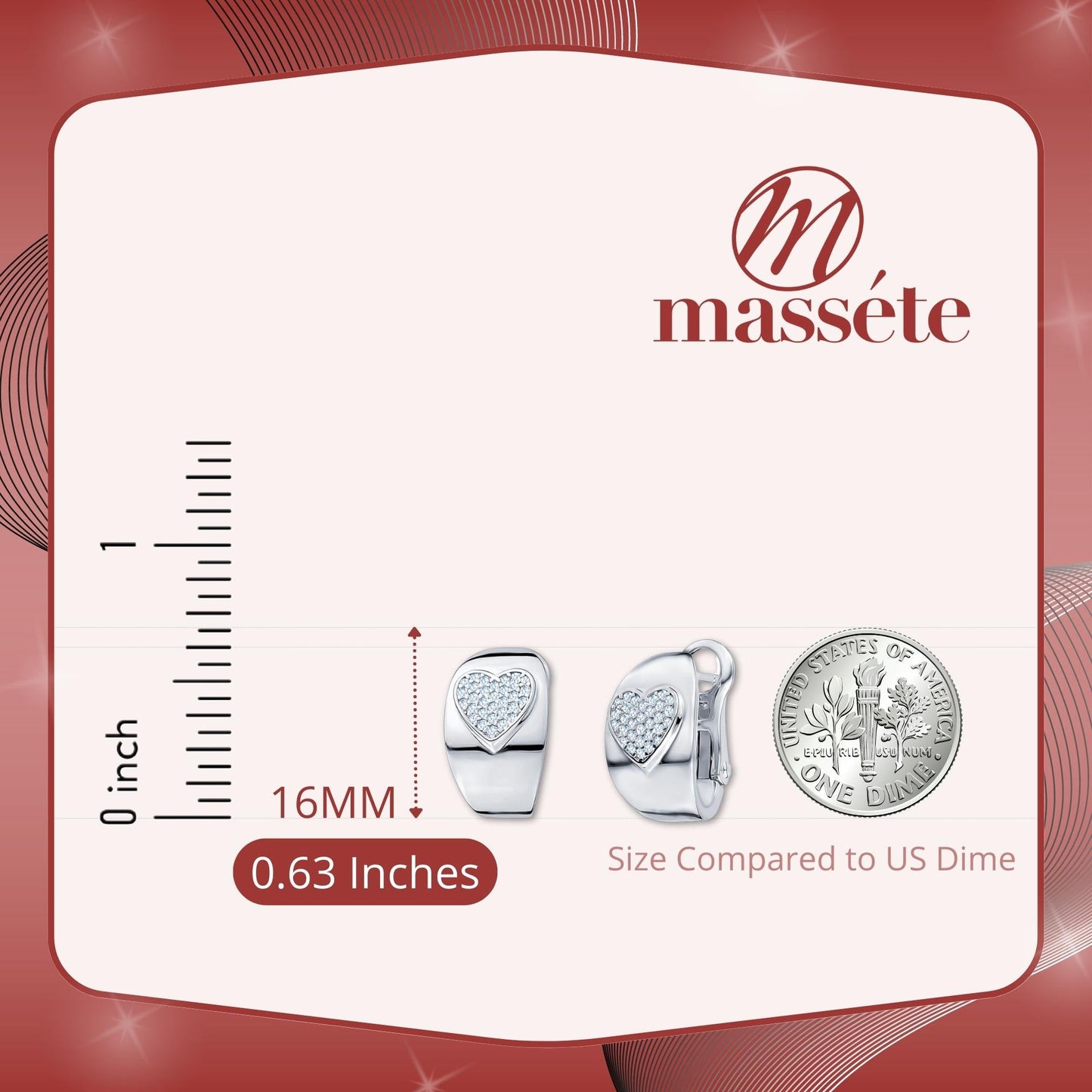 Sterling Silver Wide Hoop Huggie Earrings Simulated Diamonds Heart Polished Shiny French Clip