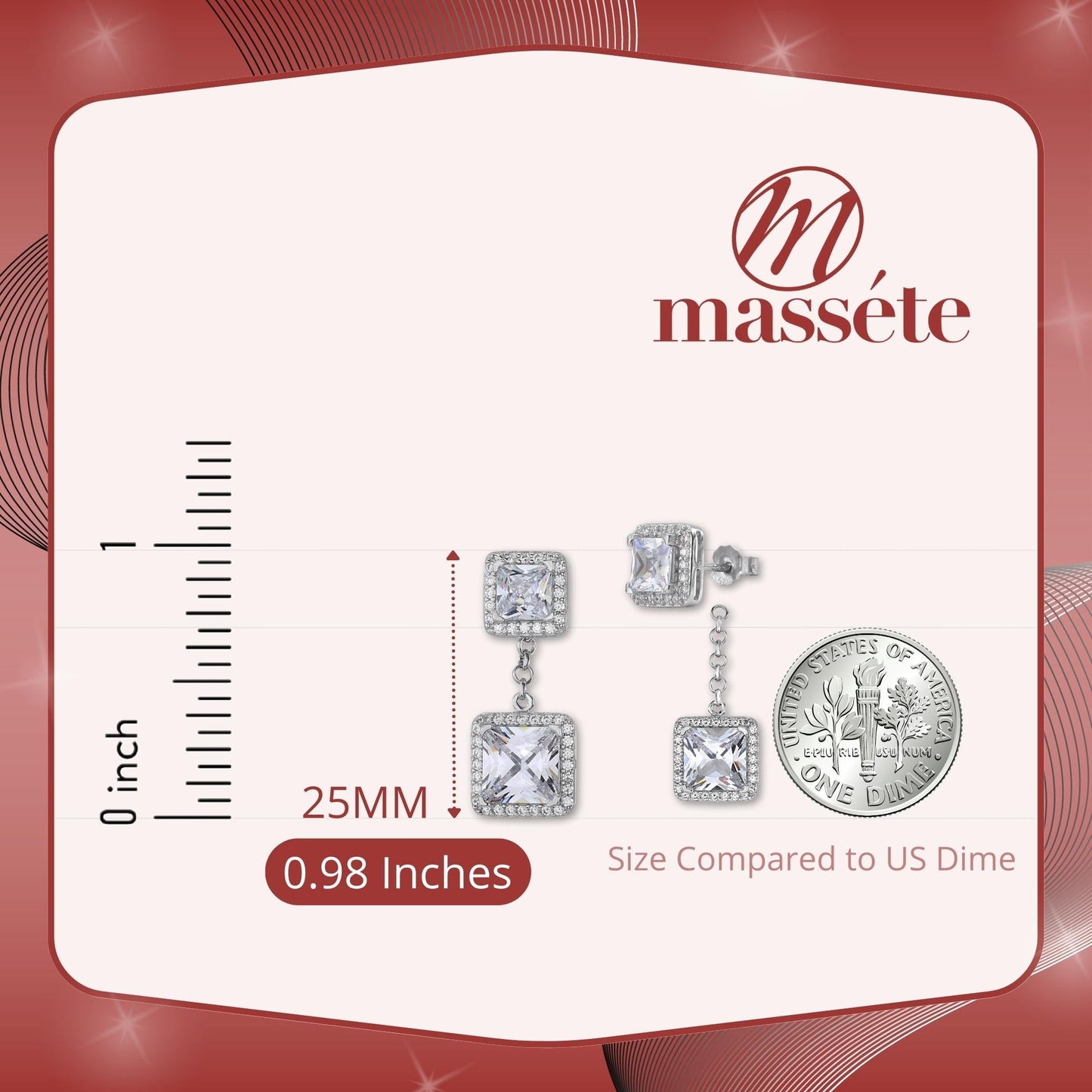 Sterling Silver 925 Simulated Diamond Double Square Halo Drop Dangle Post Earrings with Removeable Stud