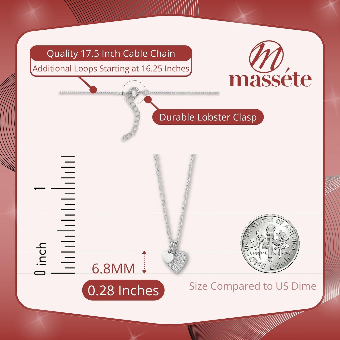 Sterling Silver Necklace Pendant for Girls Petite Heart Charm with Simulated Diamonds 17.5"