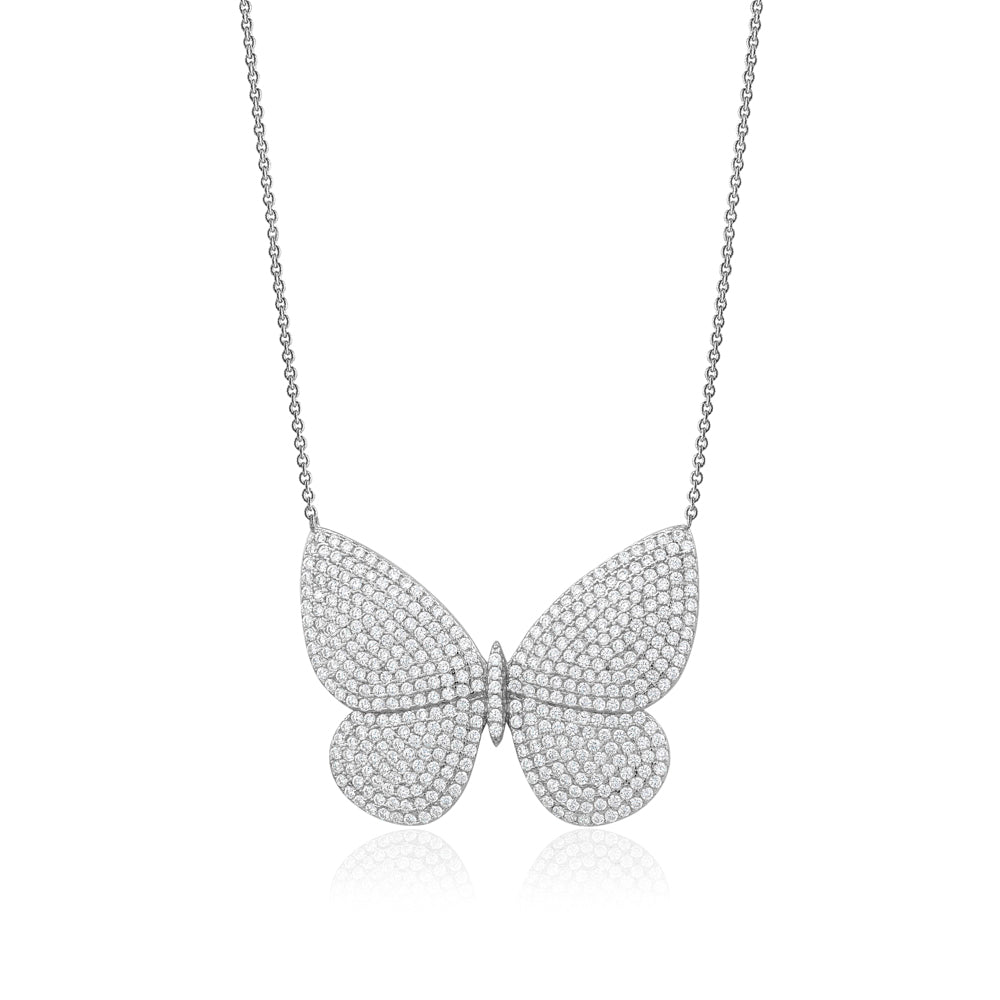 Sterling Silver Necklace Pendant for Girls Very Large Pretty Butterfly with Simulated Diamonds 18"