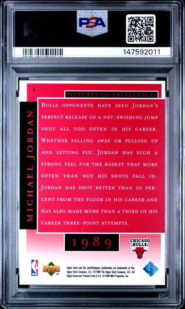 Graded 1998 UD MJ Career Collection Michael Jordan #6 Pictures of Excellence Basketball Card PSA 9 Mint