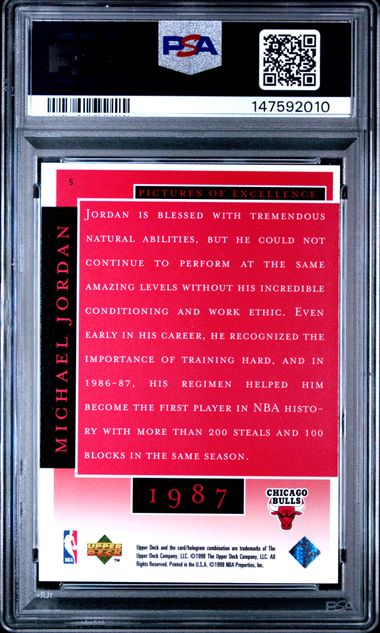 Graded 1998 UD MJ Career Collection Michael Jordan #5 Pictures of Excellence Basketball Card PSA 9 Mint