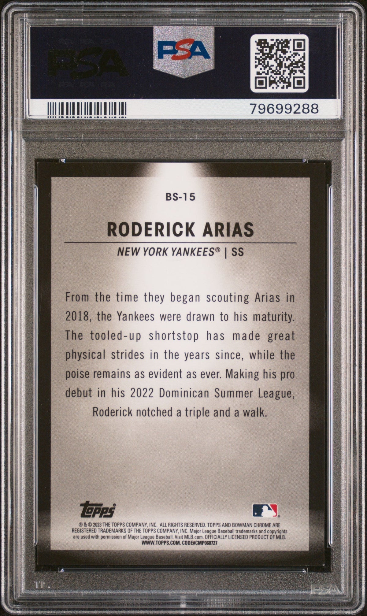 Graded 2023 Topps Bowman Roderick Arias #BS15 Spotlights Aqua Refractor /125 Rookie RC Baseball Card PSA 10 Gem Mint