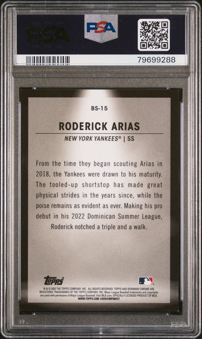 Graded 2023 Topps Bowman Roderick Arias #BS15 Spotlights Aqua Refractor /125 Rookie RC Baseball Card PSA 10 Gem Mint