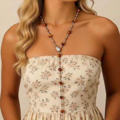 Vintage Beaded Long Necklace with Leaf Pendant