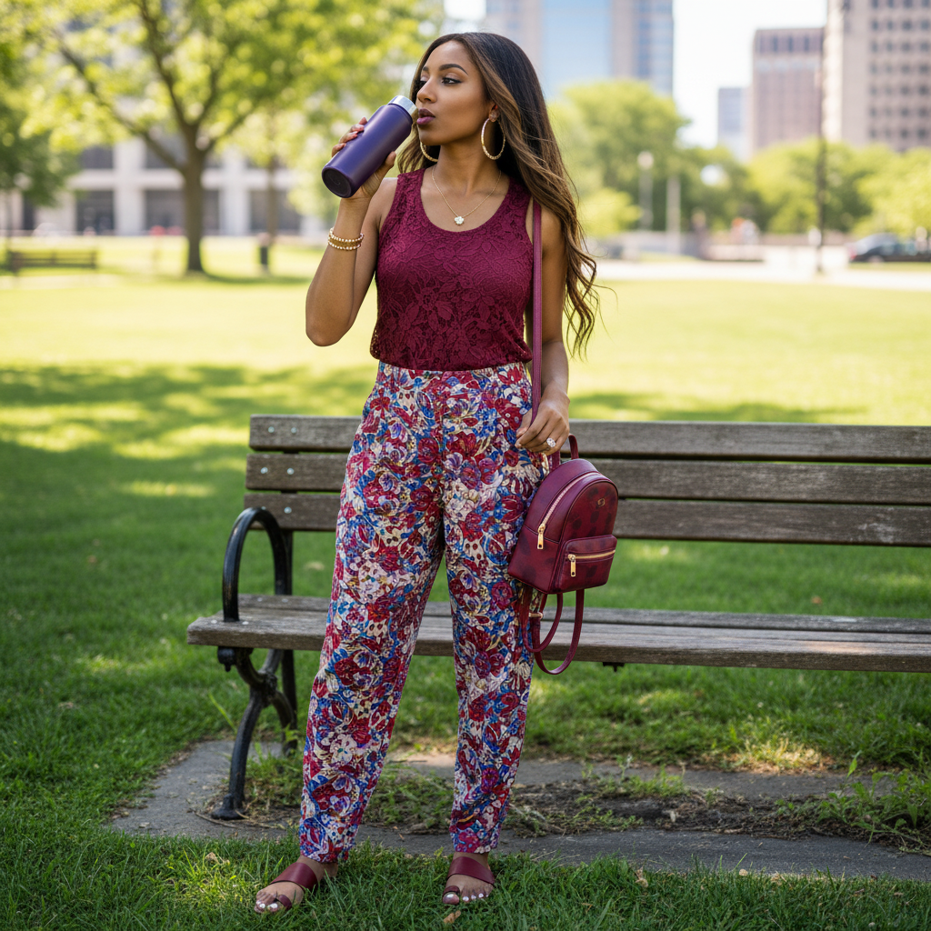 Vibrant Red & Blue Floral Cotton Linen Bloomers | Plus Size Breathable Mother Pants High-Waisted Comfort Slacks
