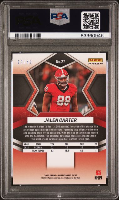 Graded 2023 Panini Mosaic Draft Picks Jalen Carter #27 Purple Mosaic Rookie RC Football Card PSA 10