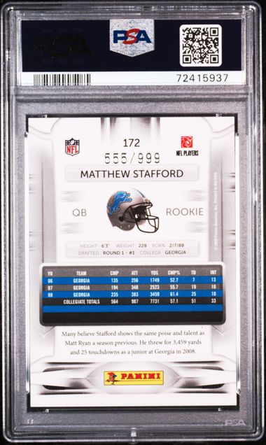Graded 2009 Panini Playoff Prestige Matthew Stafford #172 /999 Light Blue Rookie RC Football Card PSA 10 Gem Mint