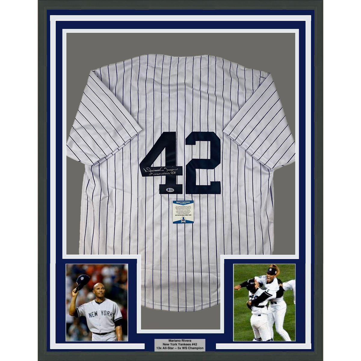 Framed Autographed/Signed Mariano Rivera 35x39 1st Unanimous HOF New York Pinstripe Baseball Jersey Beckett BAS COA