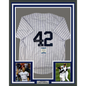 Framed Autographed/Signed Mariano Rivera 35x39 1st Unanimous HOF New York Pinstripe Baseball Jersey Beckett BAS COA