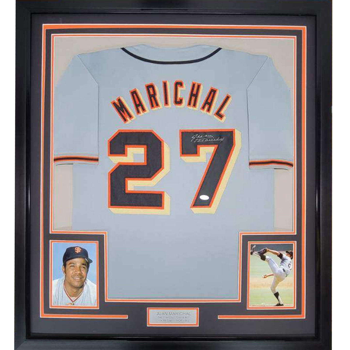 Framed Autographed/Signed Juan Marichal 35x39 San Francisco Grey Baseball Jersey JSA COA