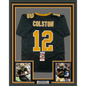 Framed Autographed/Signed Marques Colston 35x39 New Orleans Black Football Jersey JSA COA