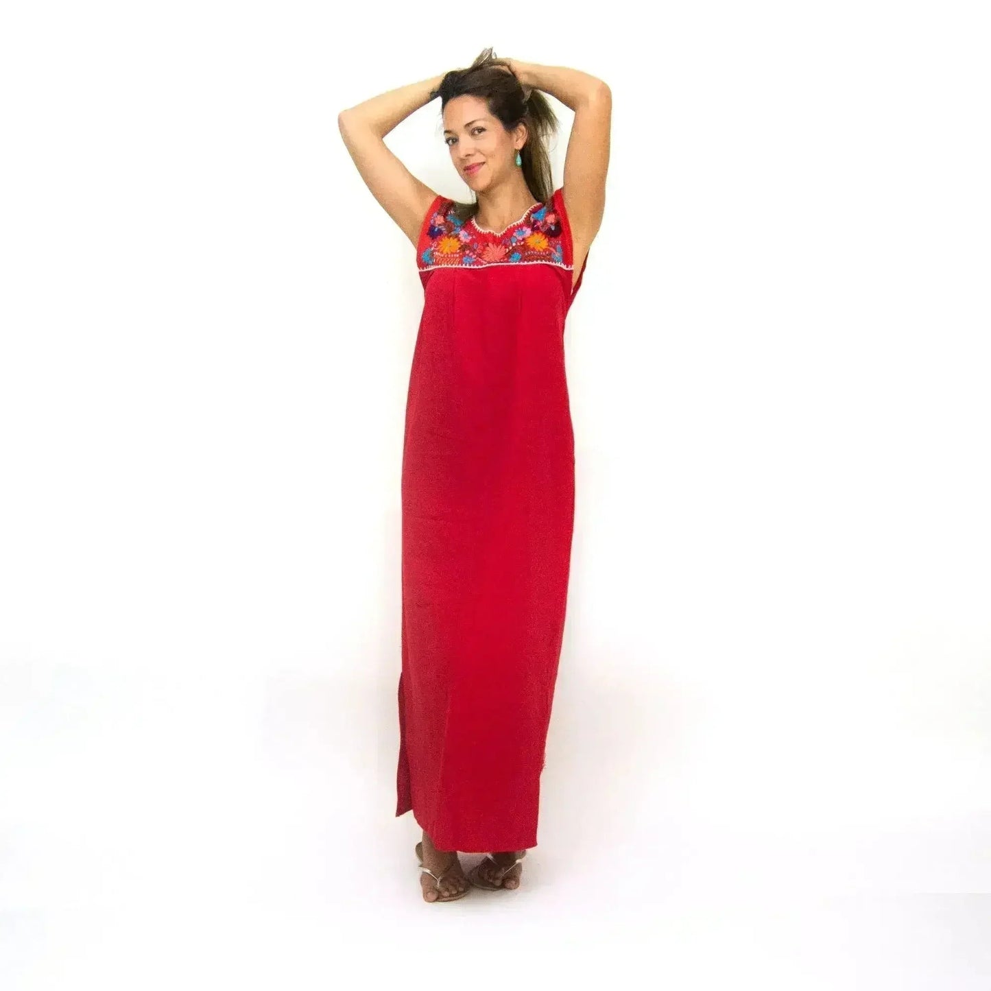 Maxi Isidra, Folk Dress with Embroidered Flowers