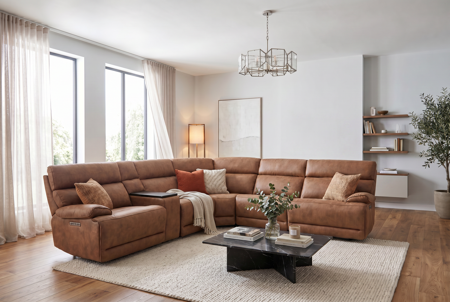 MaxView Media Mocha 6-Piece Power Reclining Sectional with Immersive Sound System