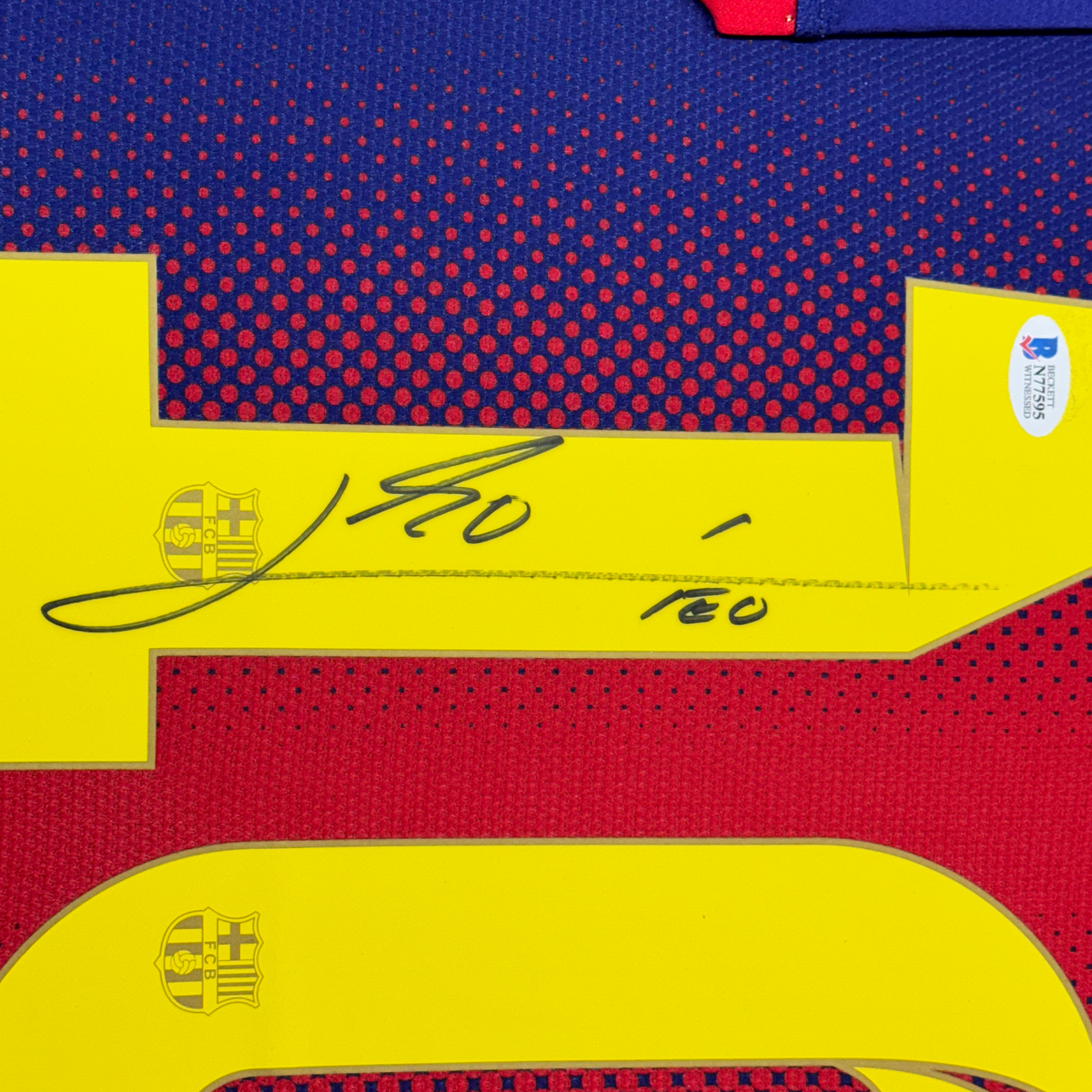 Framed Autographed/Signed Lionel Leo Messi 35x39 FC Barcelona Soccer Jersey Beckett BAS COA