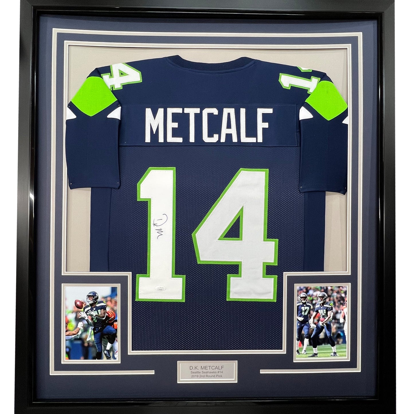 Framed Autographed/Signed DK D.K. Metcalf 35x39 Seattle Blue Football Jersey JSA COA #2