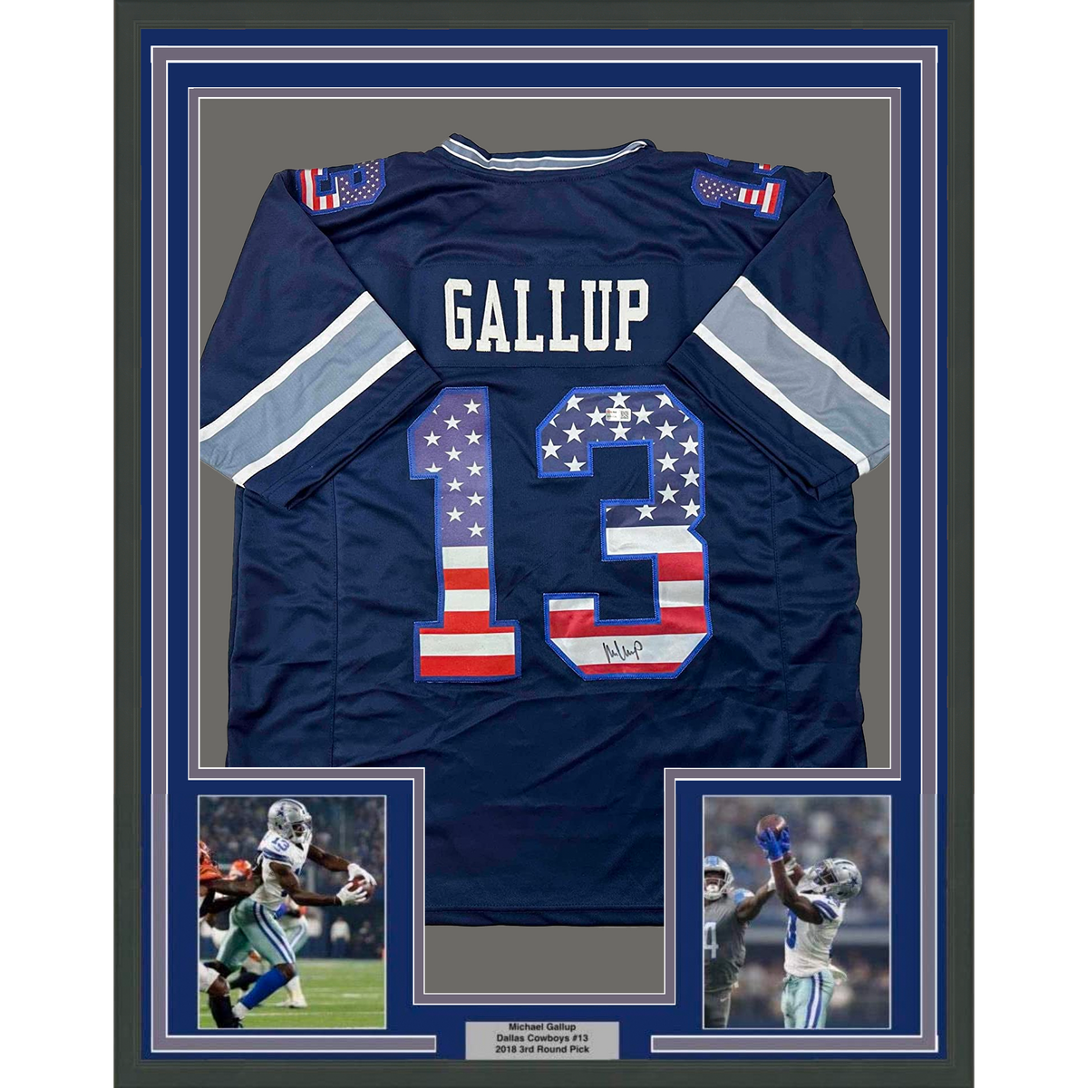 Framed Autographed/Signed Michael Gallup 35x39 Dallas America's Team Blue Football Jersey Tristar COA