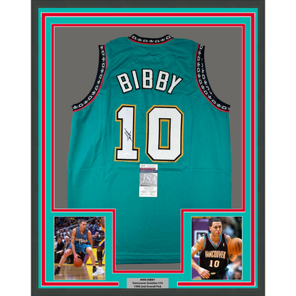 Framed Autographed/Signed Mike Bibby 35x39 Vancouver Teal Retro Basketball Jersey JSA COA