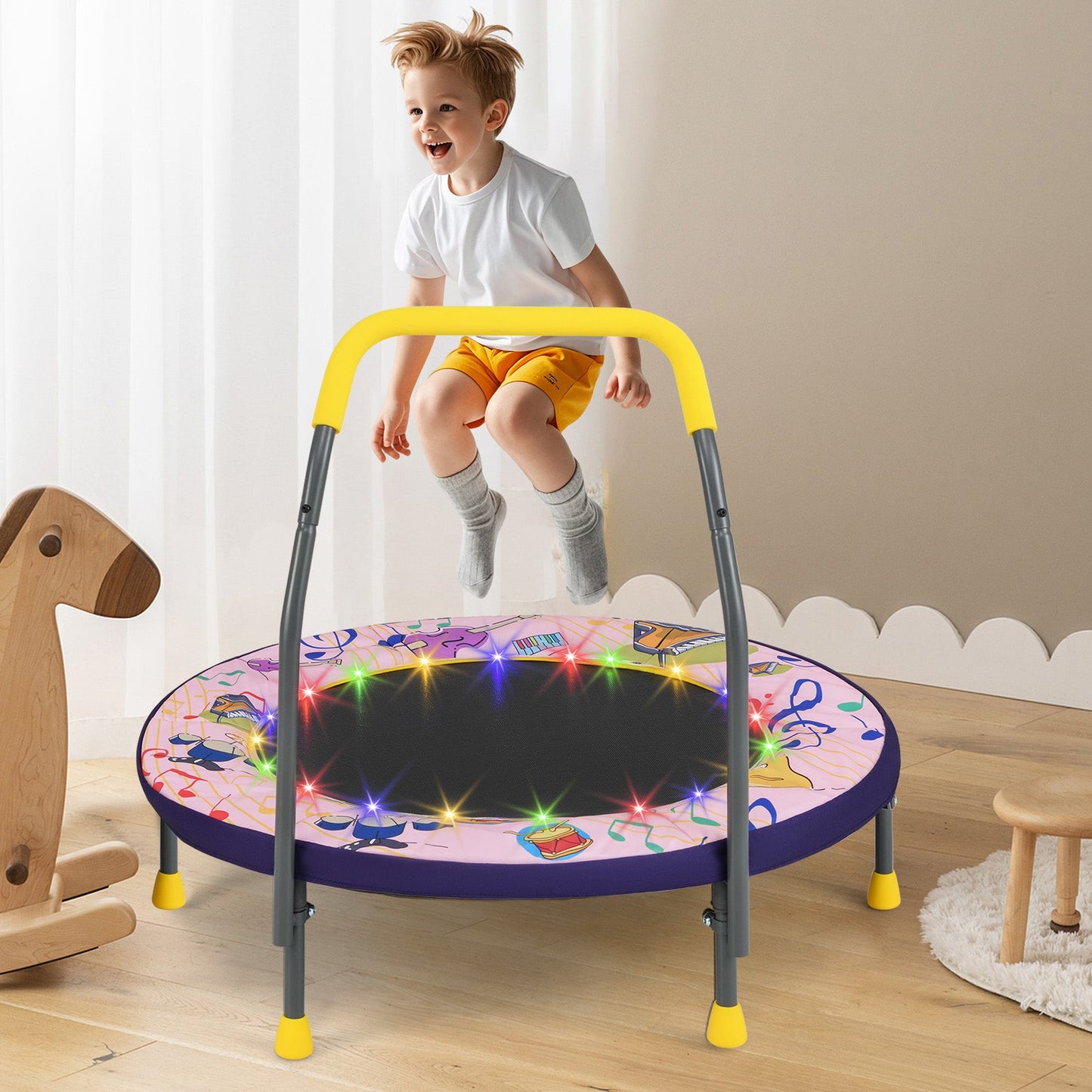 Mini Trampoline Folding Small Rebounder for Kids with Lights-Pink