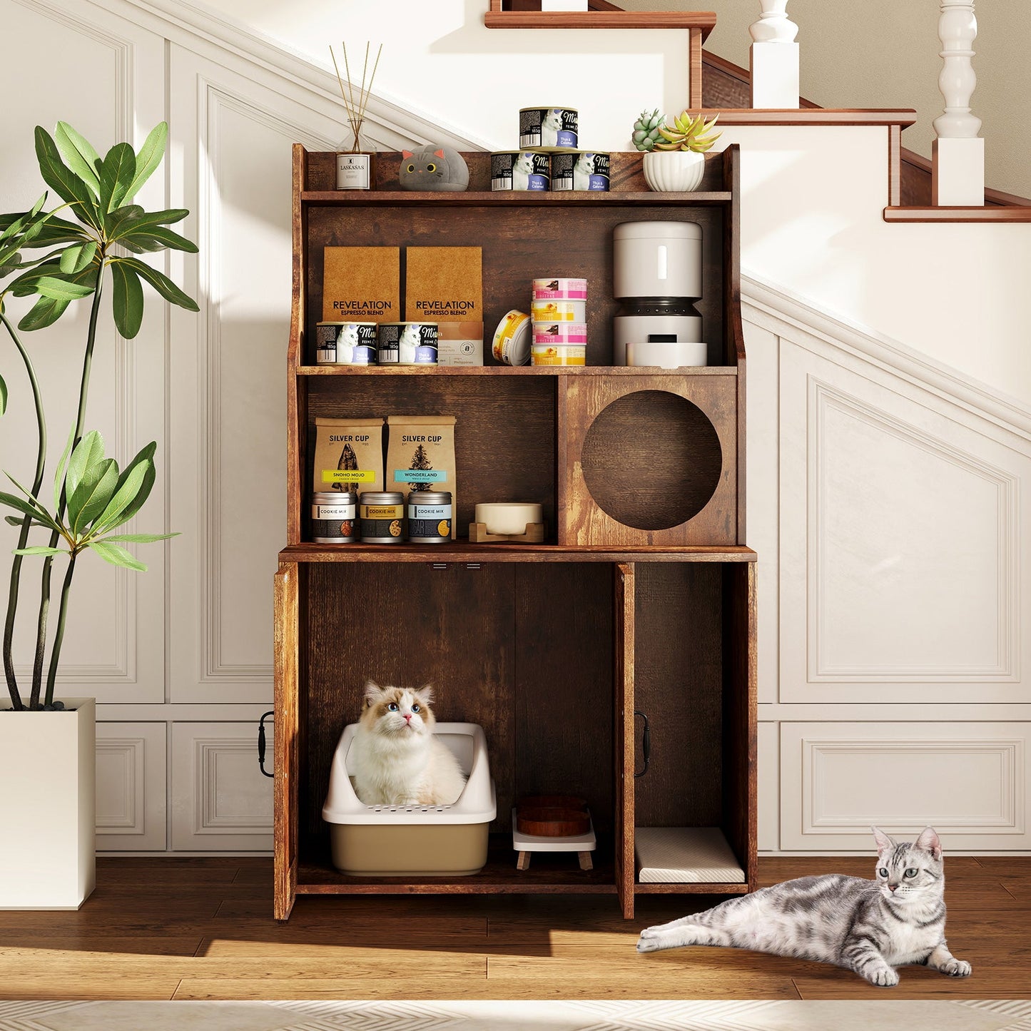 Modern Wooden Industrial Cat Litter Box Enclosure with Storage Shelves-Brown
