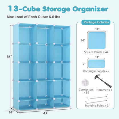 13-Cube Modular Kids Wardrobe with Hanging Rod and Shelves