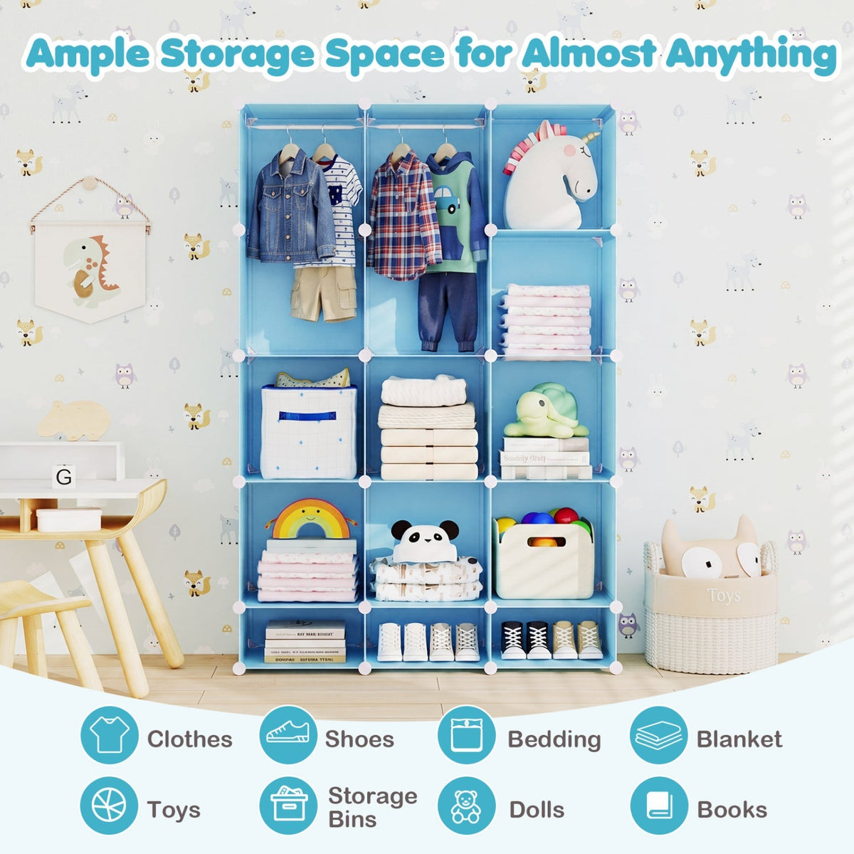 13-Cube Modular Kids Wardrobe with Hanging Rod and Shelves
