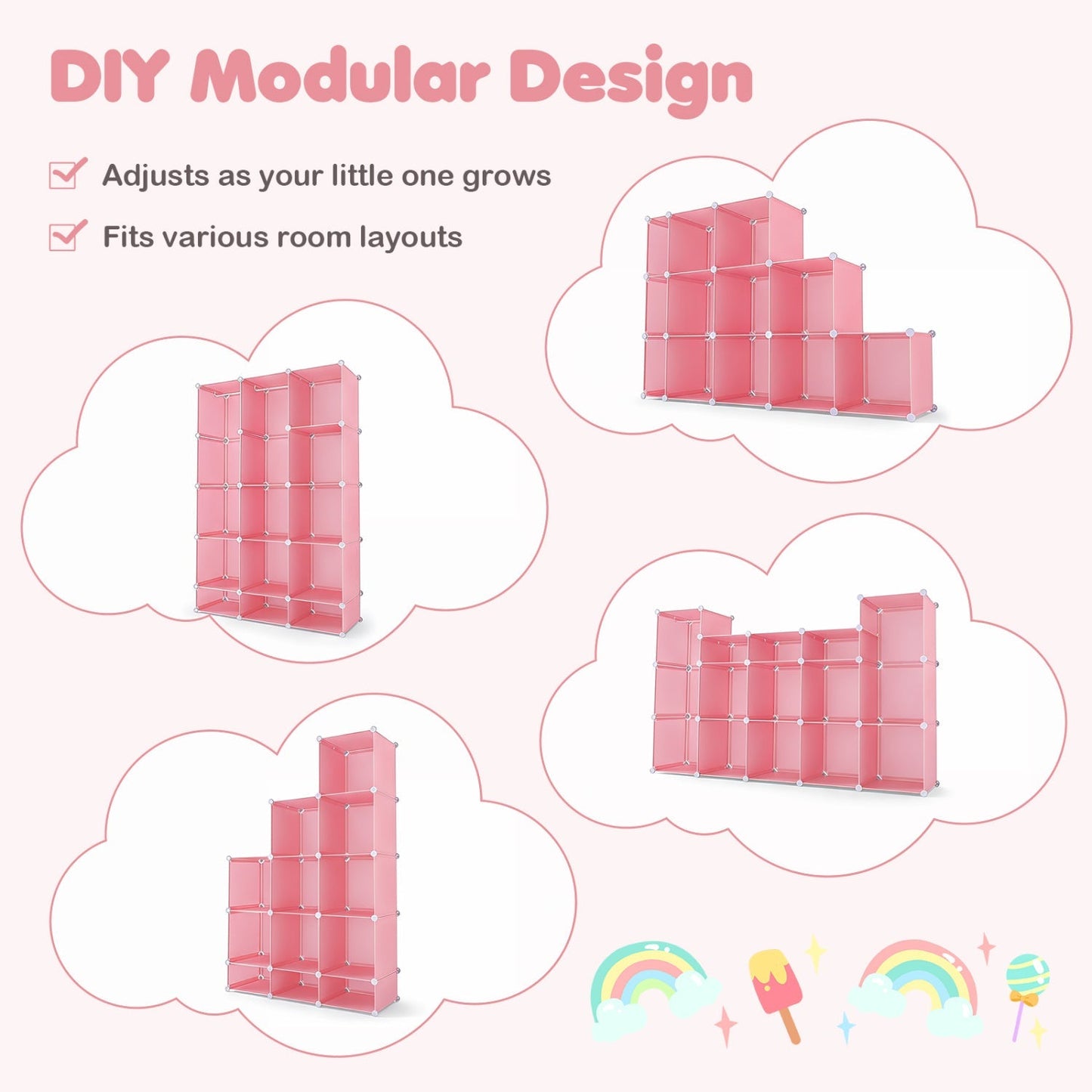 13-Cube Modular Kids Wardrobe with Hanging Rod and Shelves