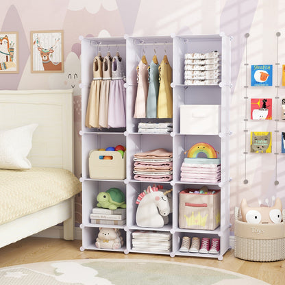 13-Cube Modular Kids Wardrobe with Hanging Rod and Shelves