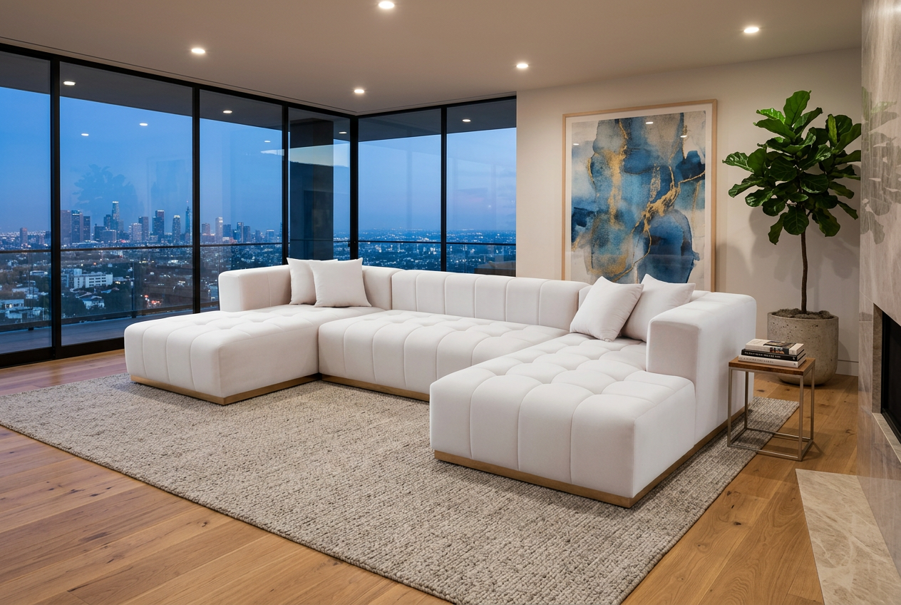 Montecito Ivory Velvet Double Chaise "U" Shape Sectional Sofa