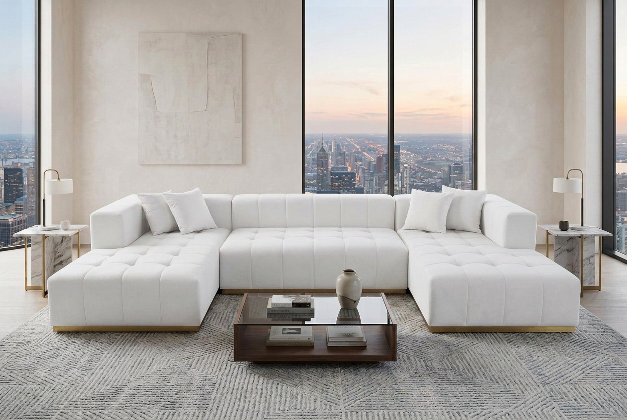 Montecito Ivory Velvet Double Chaise "U" Shape Sectional Sofa