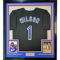 Framed Autographed/Signed Mookie Wilson 35x39 New York Black Baseball Jersey JSA COA
