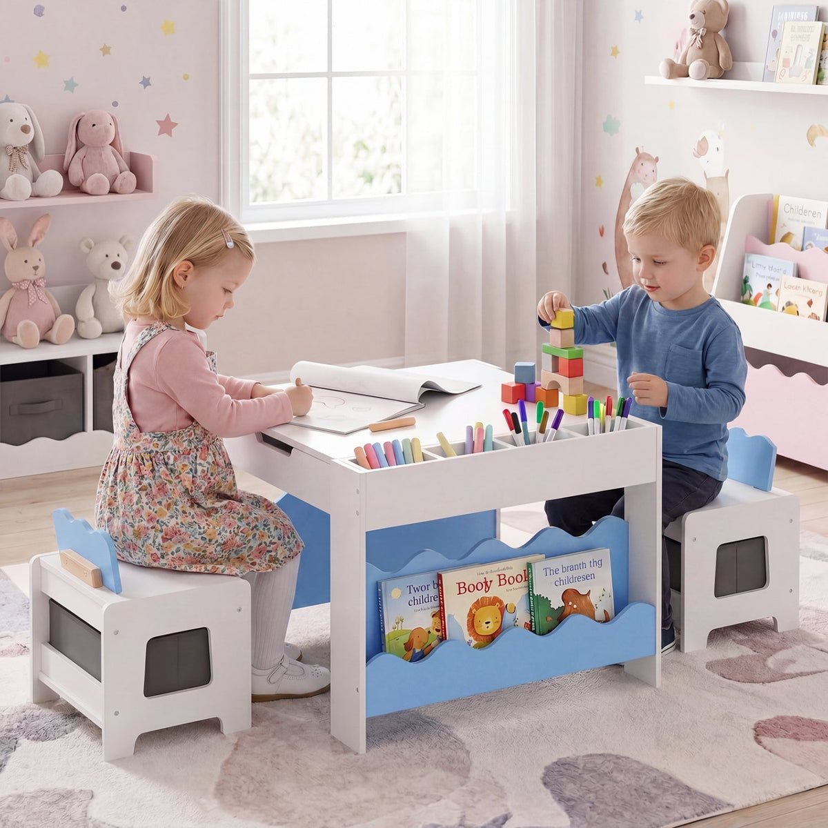 Multi-purpose Activity Kids Table and Chairs Set with Double-sided Tabletop