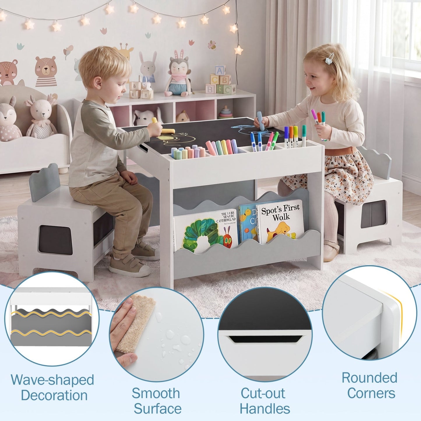 Multi-purpose Activity Kids Table and Chairs Set with Double-sided Tabletop