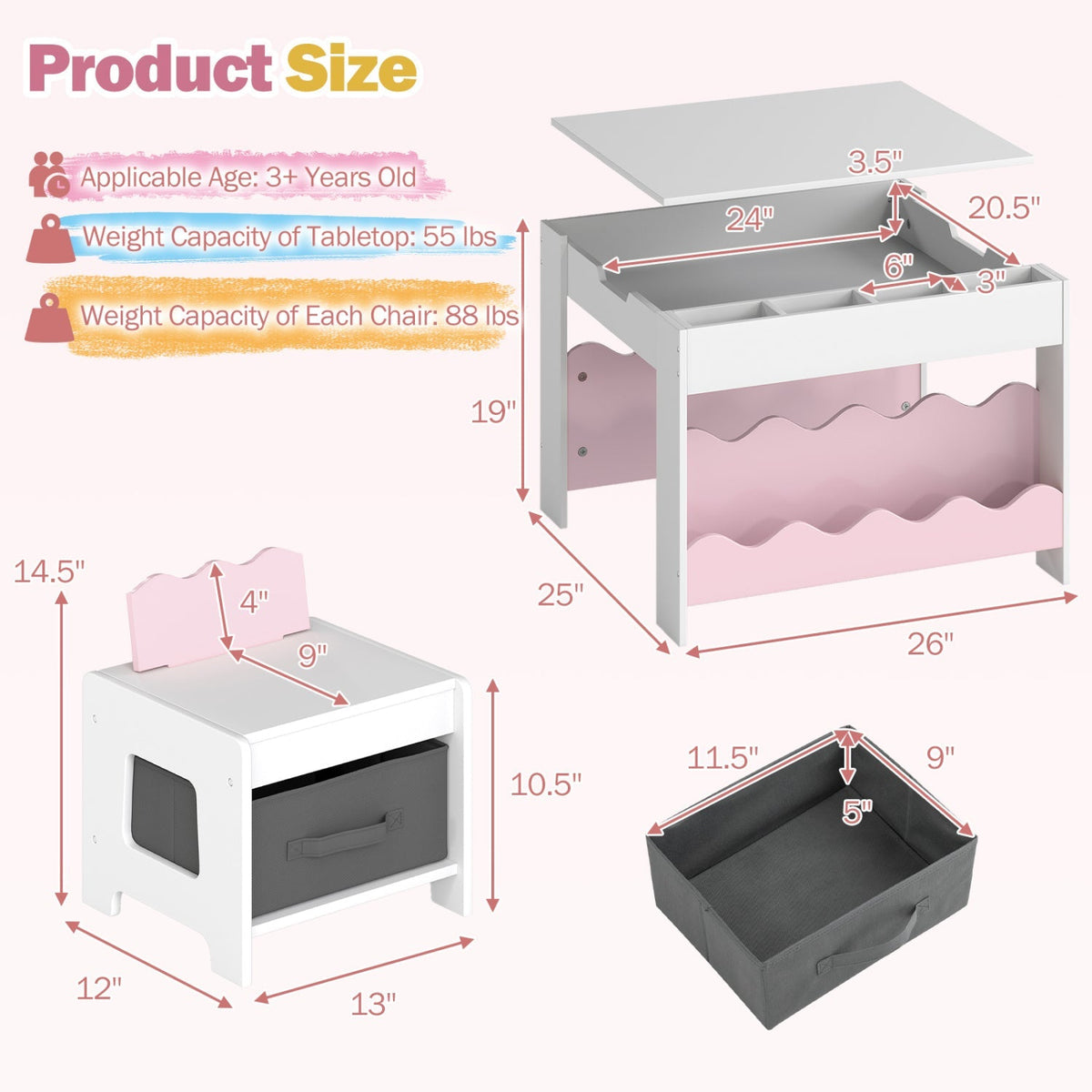 Multi-purpose Activity Kids Table and Chairs Set with Double-sided Tabletop