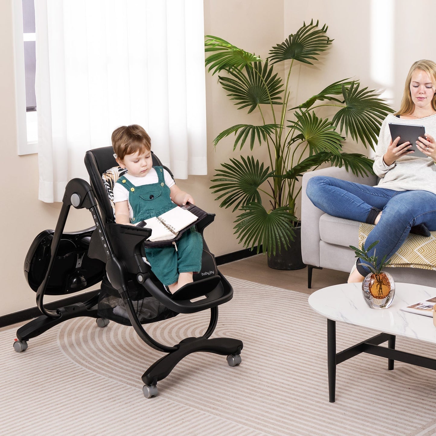 Multifunctional Folding Baby High Chair with Rolling Wheels and Adjustable Height