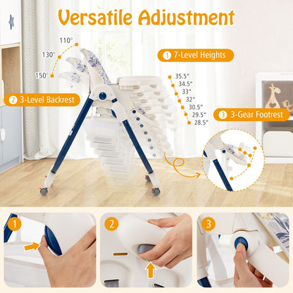 Multifunctional Folding Baby High Chair with Rolling Wheels and Adjustable Height
