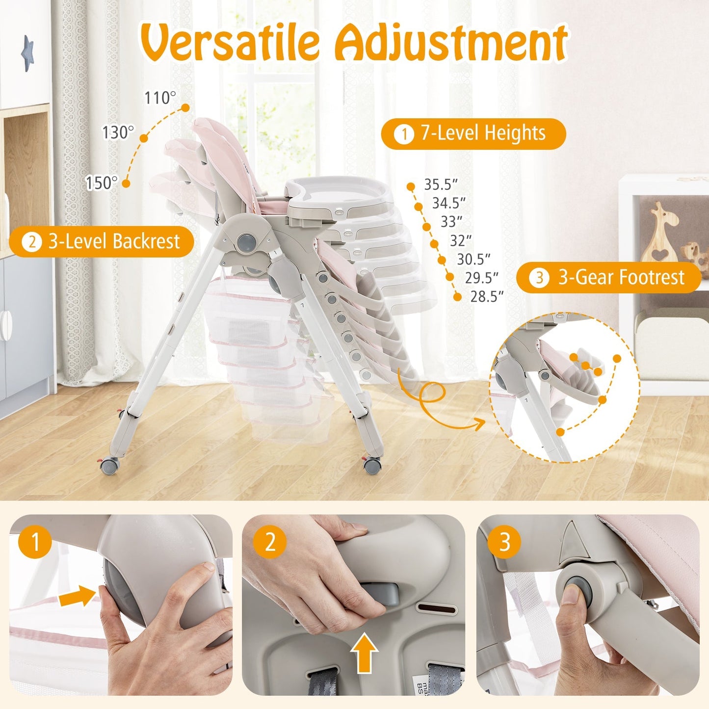 Multifunctional Folding Baby High Chair with Rolling Wheels and Adjustable Height