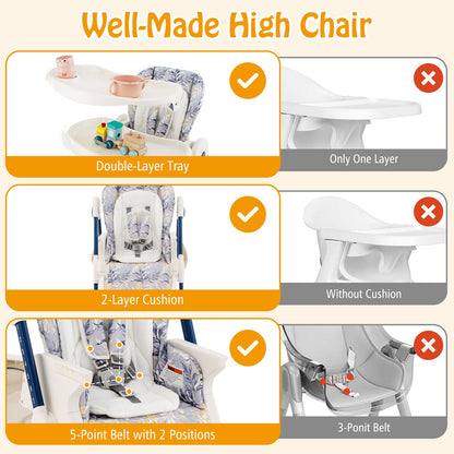 Multifunctional Folding Baby High Chair with Rolling Wheels and Adjustable Height