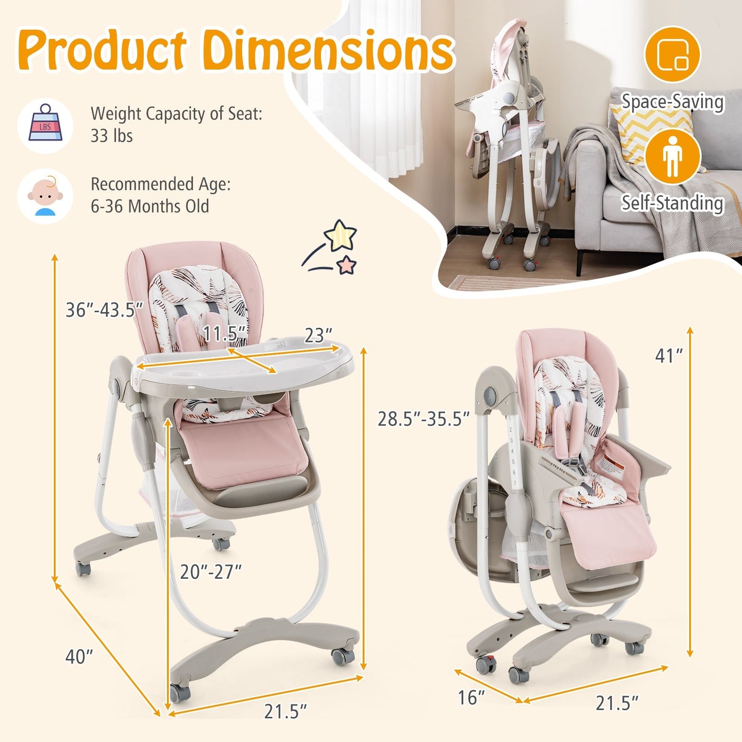 Multifunctional Folding Baby High Chair with Rolling Wheels and Adjustable Height